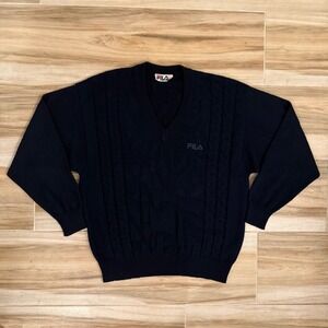 Vintage Fila Navy Blue V-Neck Cable Knit Wool Blend Sweater Made in Italy XL